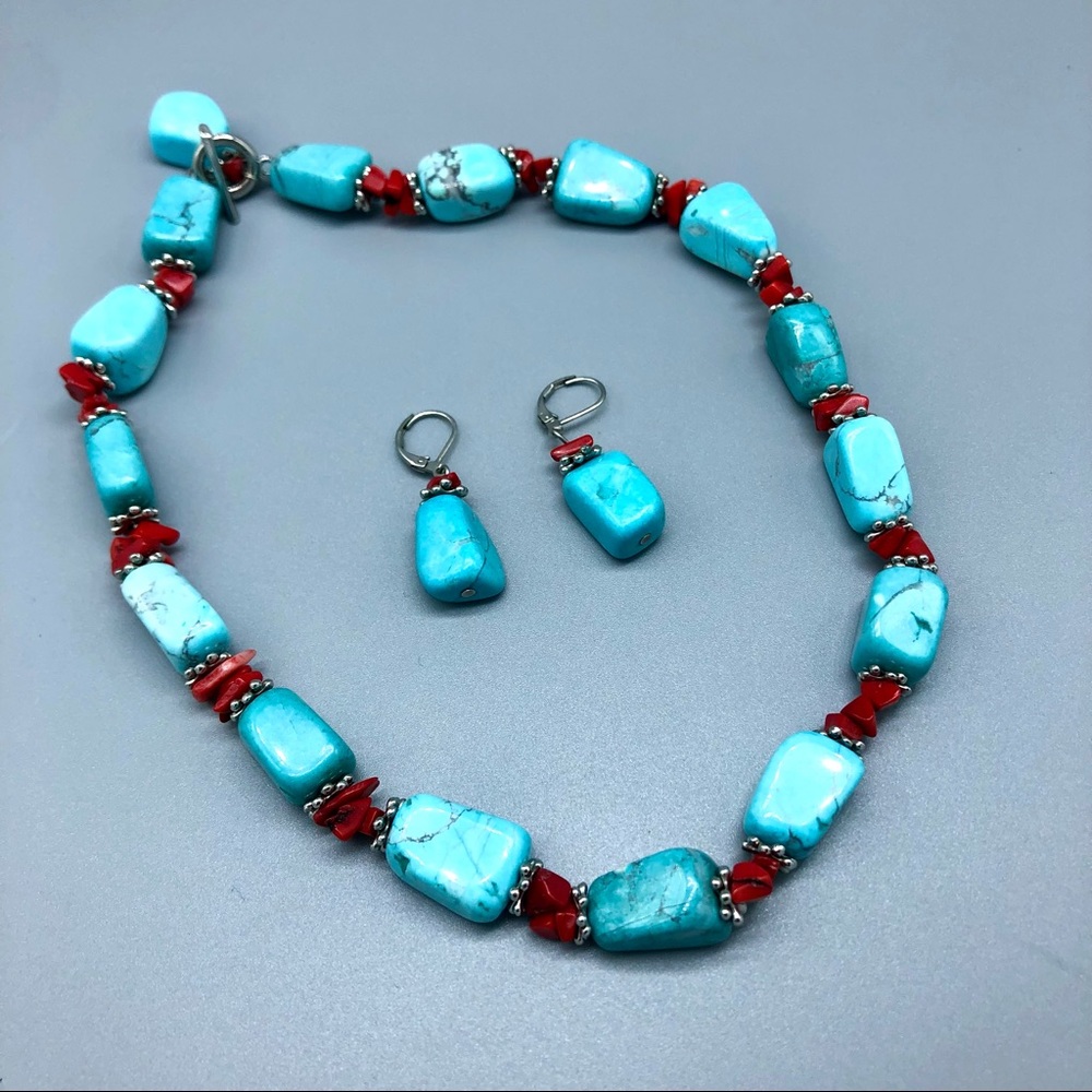 Chunky turquoise and coral statement necklace and earrings